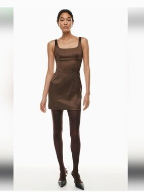 Wilfred Aritzia Shine Satin Mini Dress in Cocoa Bean
